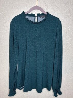 Adrianna Papell Teal Dot Pattern Ruffle Neck Long Sleeve Top Women's Size  XL